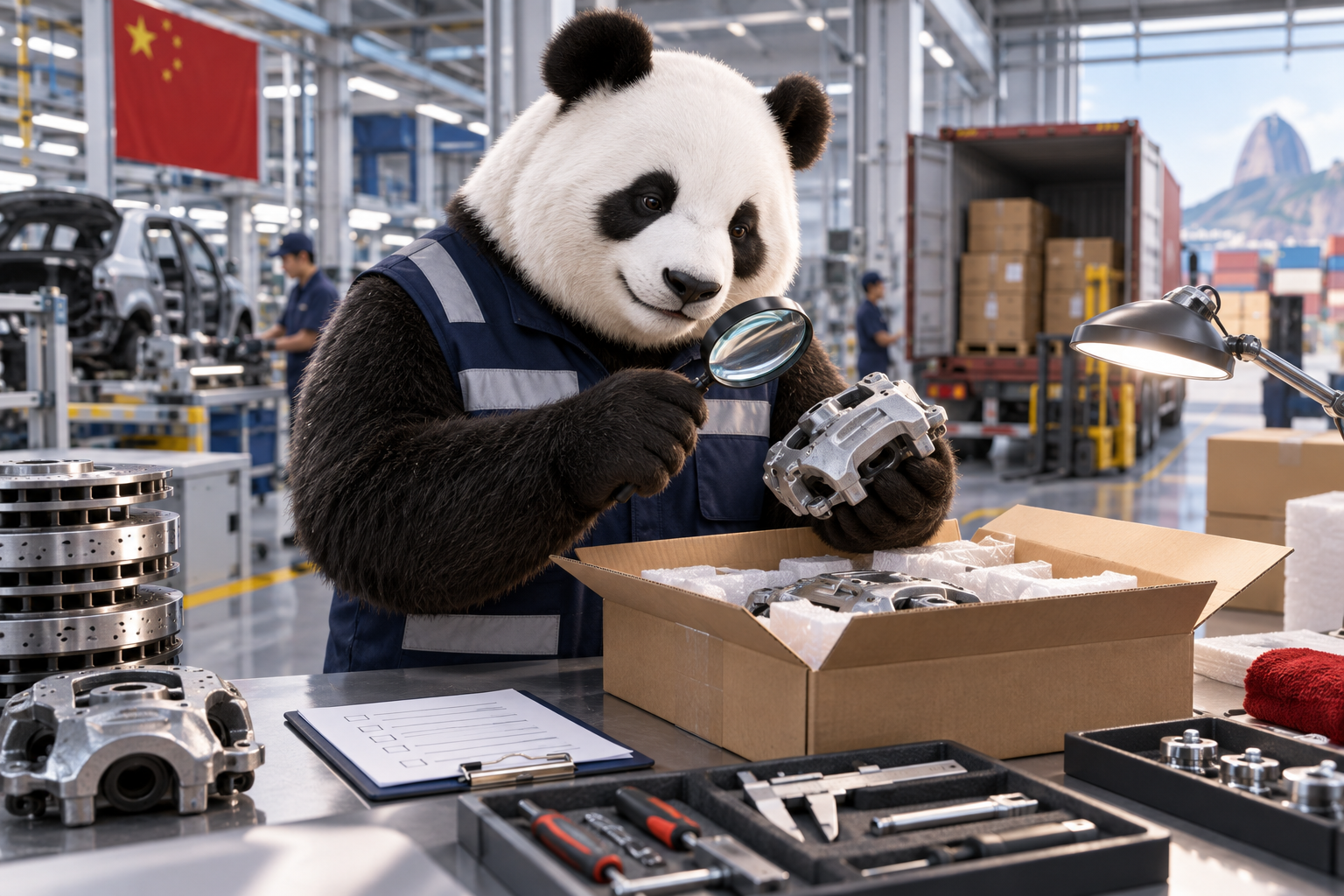 Panda examinando cuidadosamente uma peça automotiva antes do embarque