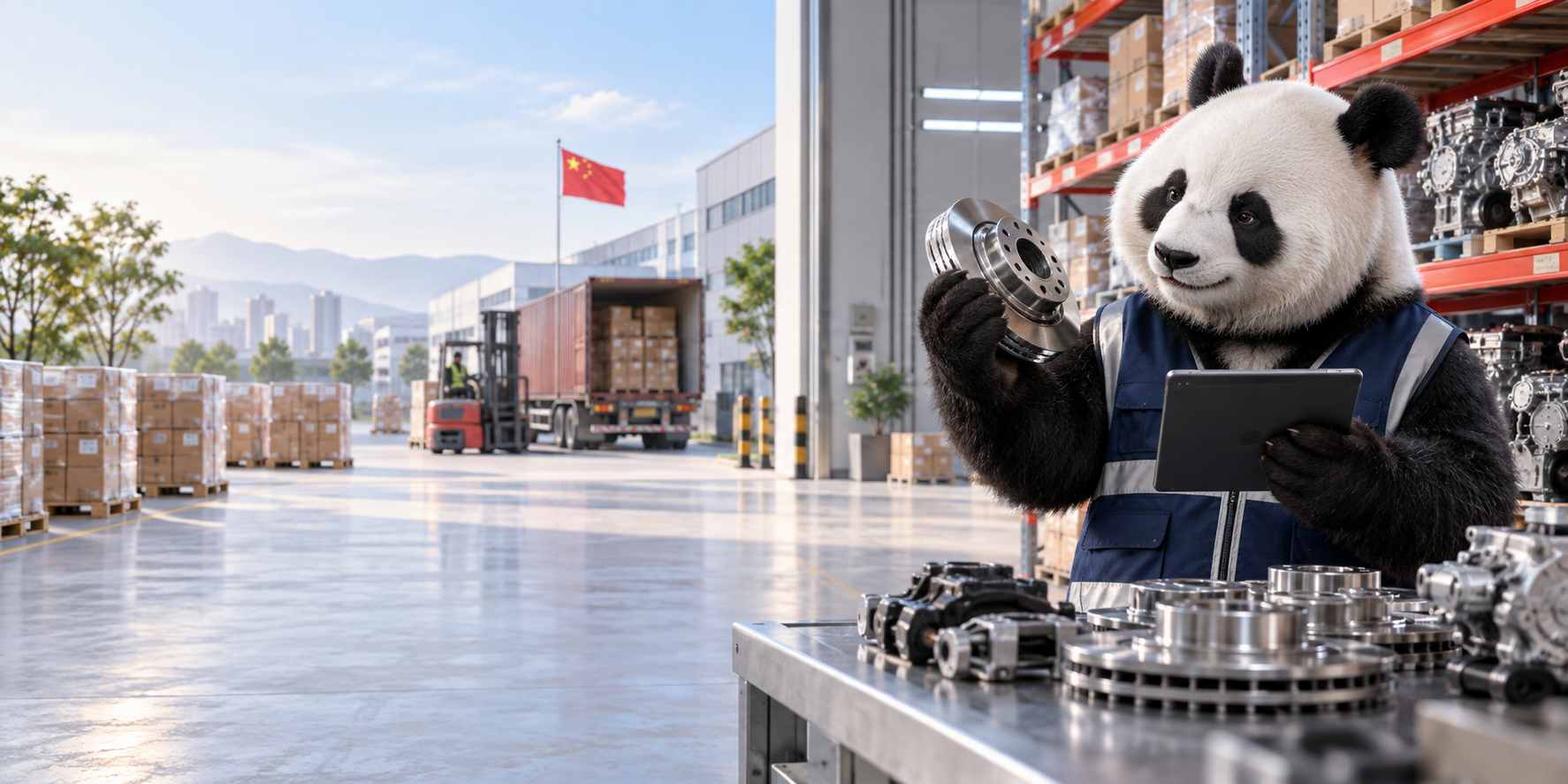 Panda cuidadoso realizando inspeção de componentes automotivos em um armazém na China